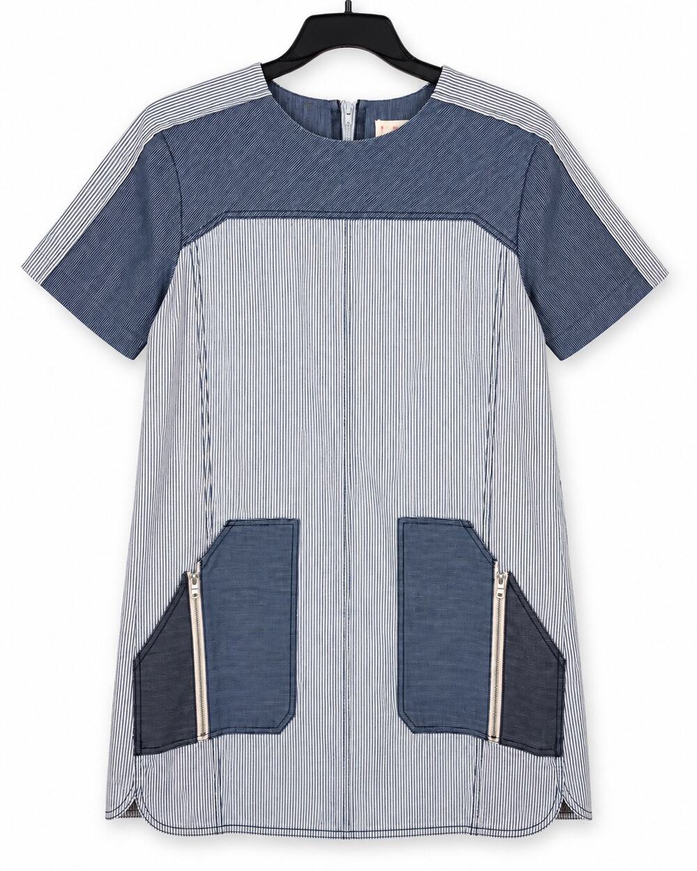 Rebecca Taylor Size 4 Blue White Pinstripe Colorblock Shift Dress Zip Pockets